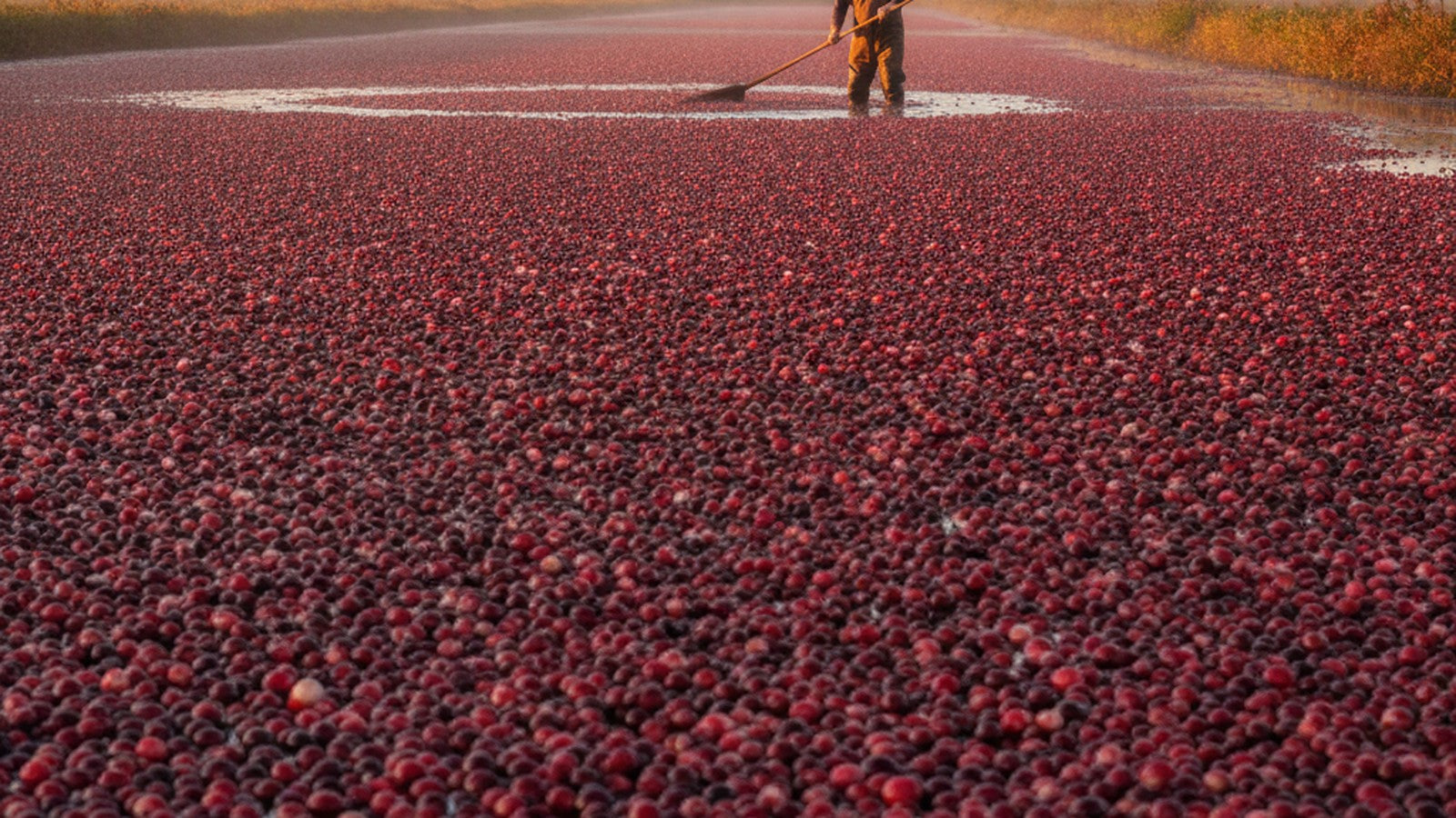 A farmer in waders rakes floating crimson cranberries across a flooded cranberry bog at golden hour