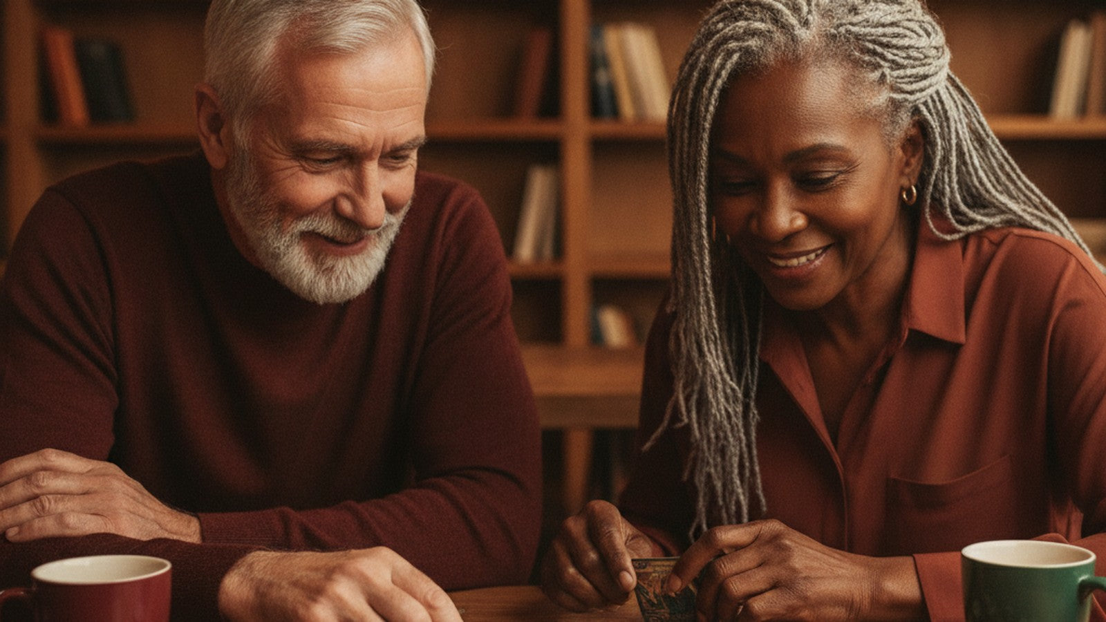 Two older adults smiling over a strategic card game at a warm wooden table with coffee mugs and bookshelves