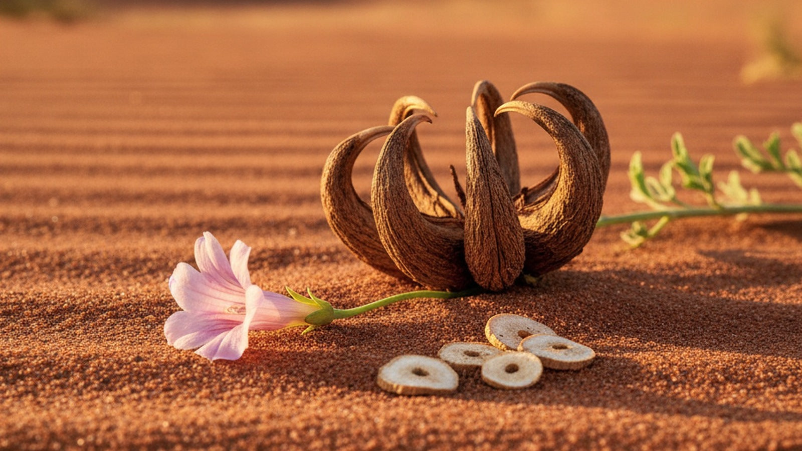 A woody devil's claw seed pod with curved barbs on red Kalahari sand beside a pale pink trumpet flower and dried root slices