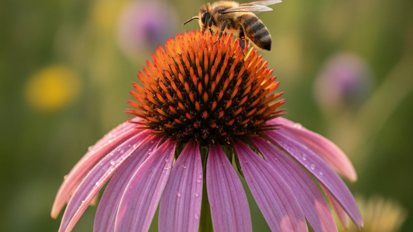 A honeybee resting on the spiky copper cone of a single purple Echinacea purpurea coneflower with dew on its petals