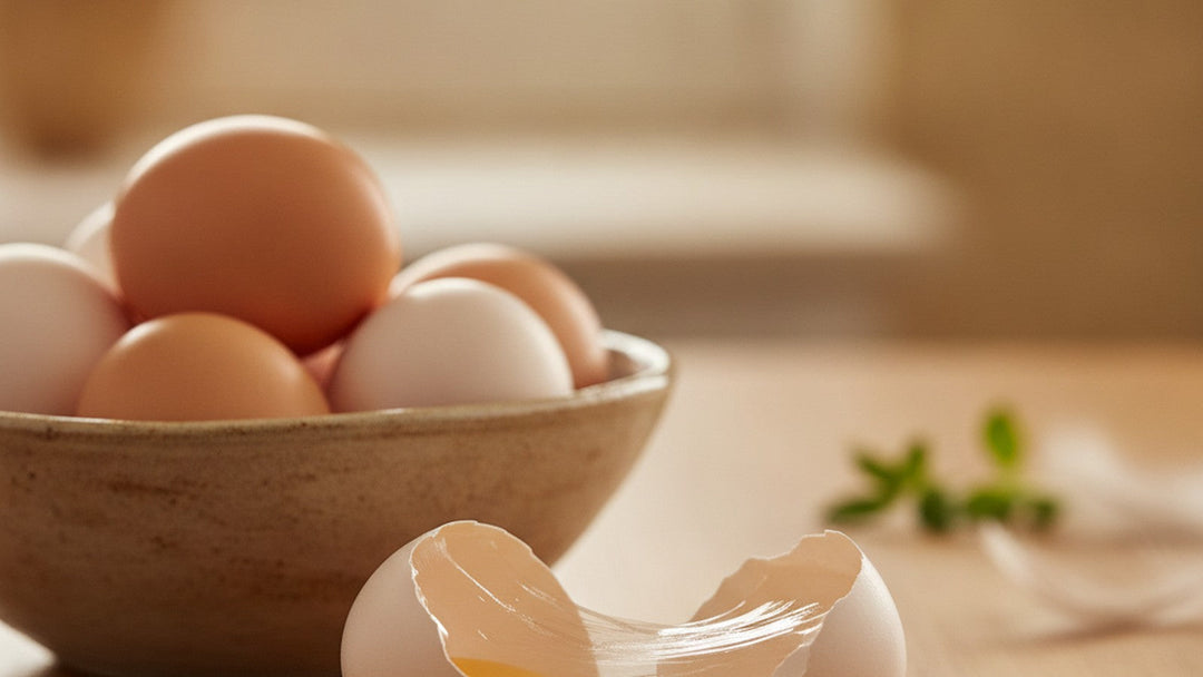 Fresh eggs in a rustic bowl with a cracked shell showing the thin inner membrane
