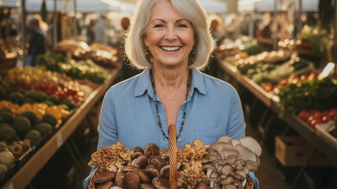 A joyful older woman at a sunlit farmers market holding a wicker basket of fresh wild mushrooms