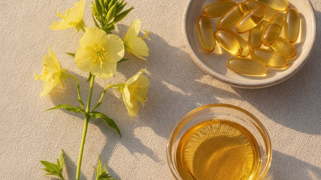 Fresh pale-yellow evening primrose flowers beside a dish of golden GLA softgel capsules and a bowl of golden oil on cream linen in warm light