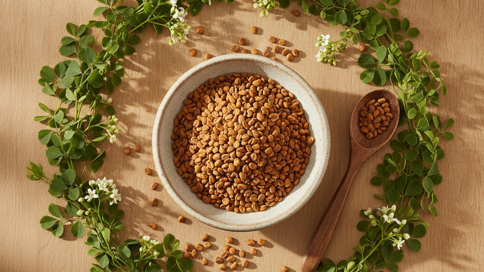 Golden fenugreek seeds in a cream bowl with fresh green methi leaves and white blossoms