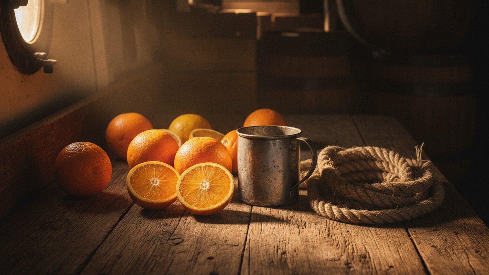 Fresh oranges and lemons, some halved, beside a battered pewter cup and coil of rope on a ships galley table in warm porthole light
