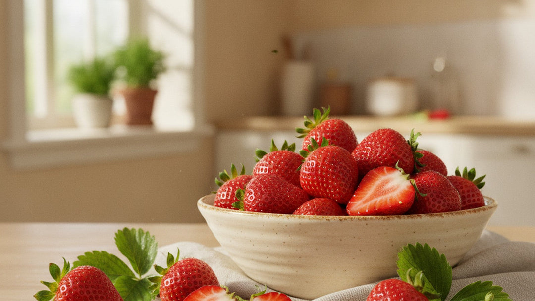A cream ceramic bowl of glossy fresh strawberries in soft morning kitchen light