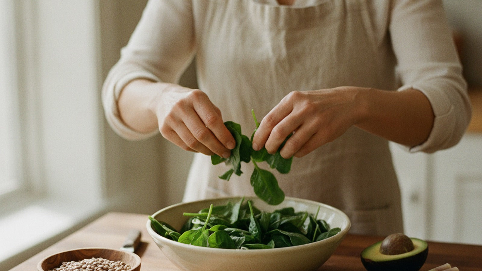 A woman in a linen apron tearing fresh spinach leaves into a ceramic bowl beside lentils and avocado on a warm wooden kitchen counter