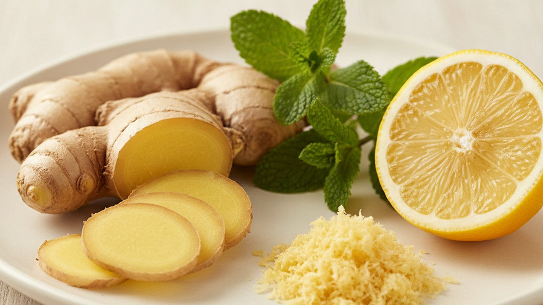 Fresh ginger root, sliced coins, grated ginger, halved lemon and mint on a pale ceramic plate