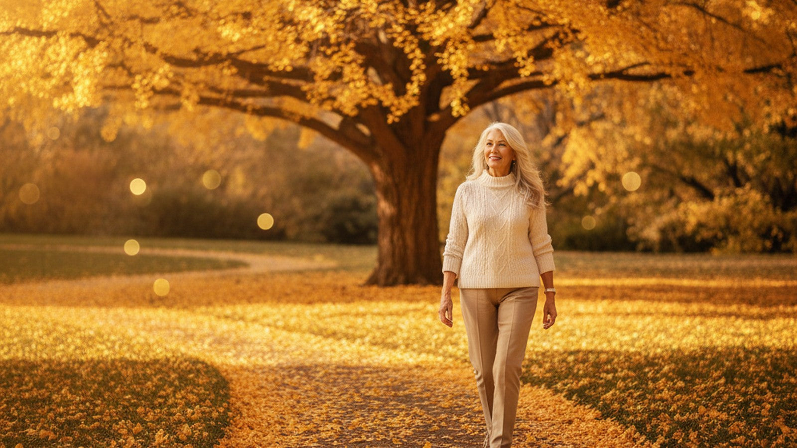 A silver-haired woman in her seventies walking a park path carpeted with golden ginkgo leaves under a ginkgo tree in autumn