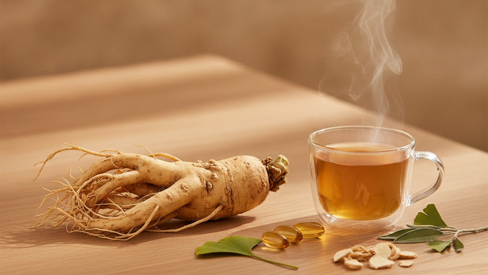 A knobby ginseng root beside a steaming cup of amber ginseng tea and capsules on warm wood