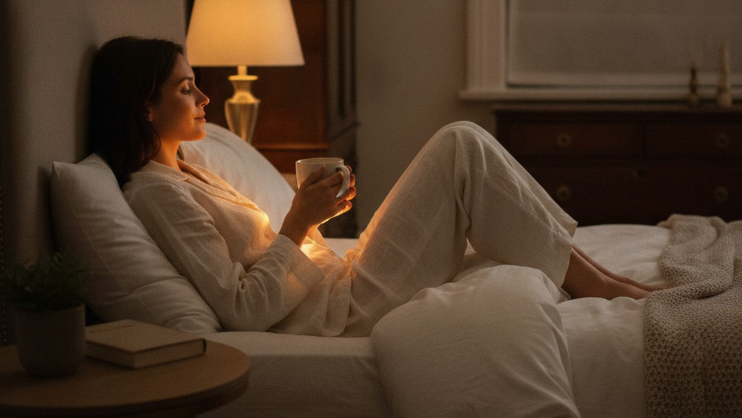 A calm woman in cream linen pajamas winding down for sleep with a warm mug in a softly lamplit bedroom at night