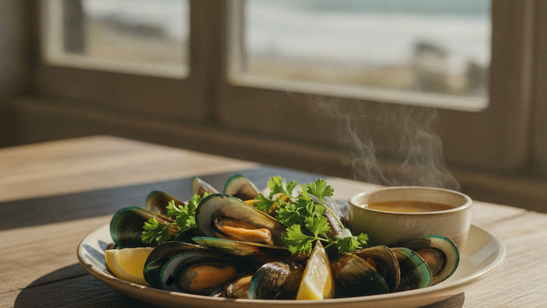 Steamed New Zealand green-lipped mussels in their emerald half shells on a rustic plate with lemon and parsley