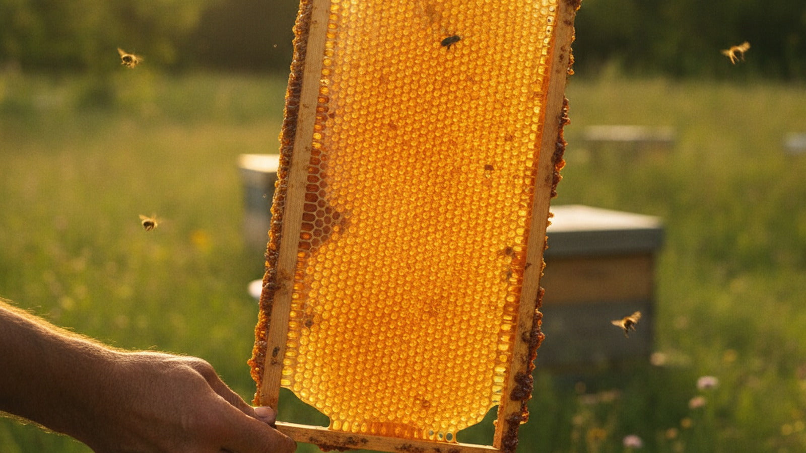 A beekeeper holding a wooden hive frame of golden honeycomb sealed with amber propolis resin in a sunlit summer apiary