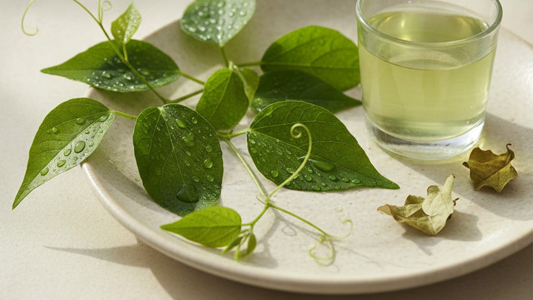 Fresh green Gymnema sylvestre leaves with dew and a glass of pale green herbal infusion on a cream ceramic plate