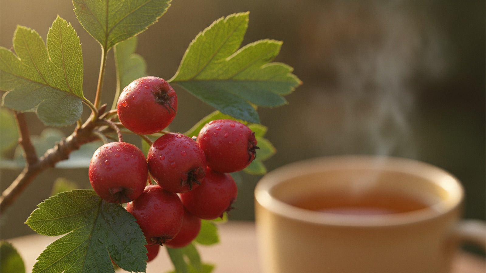 A cluster of ripe red hawthorn berries with dew on a leafy branch beside a steaming cup of amber herbal tea in soft morning light