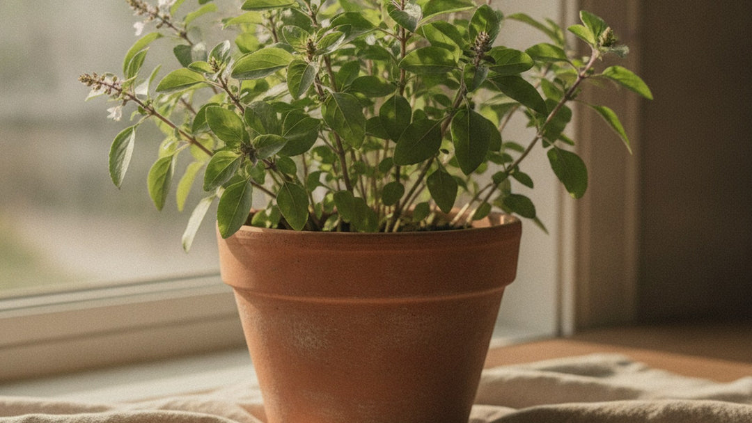 Fresh holy basil (tulsi) plant in a terracotta pot on a windowsill in soft natural light.