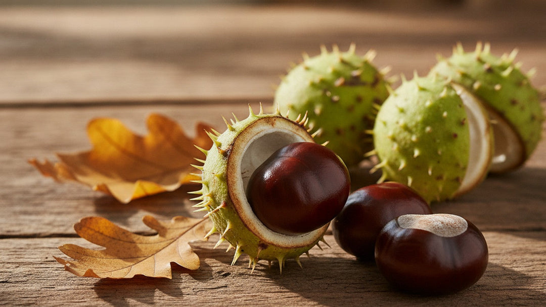 Fresh horse chestnut conkers, one split open in its spiky green husk, on a rustic wooden table