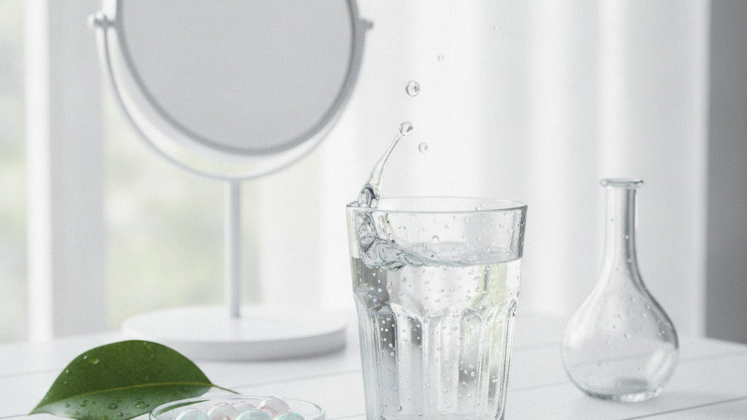 A bright vanity still life with a glass of water, a frozen droplet splash, a dish of clear capsules and a dewy leaf in soft daylight