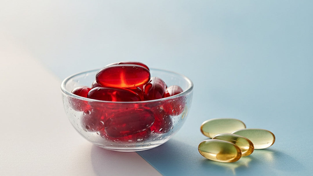 Deep red krill oil softgels in a clear glass dish beside golden amber fish oil softgels on a bright surface