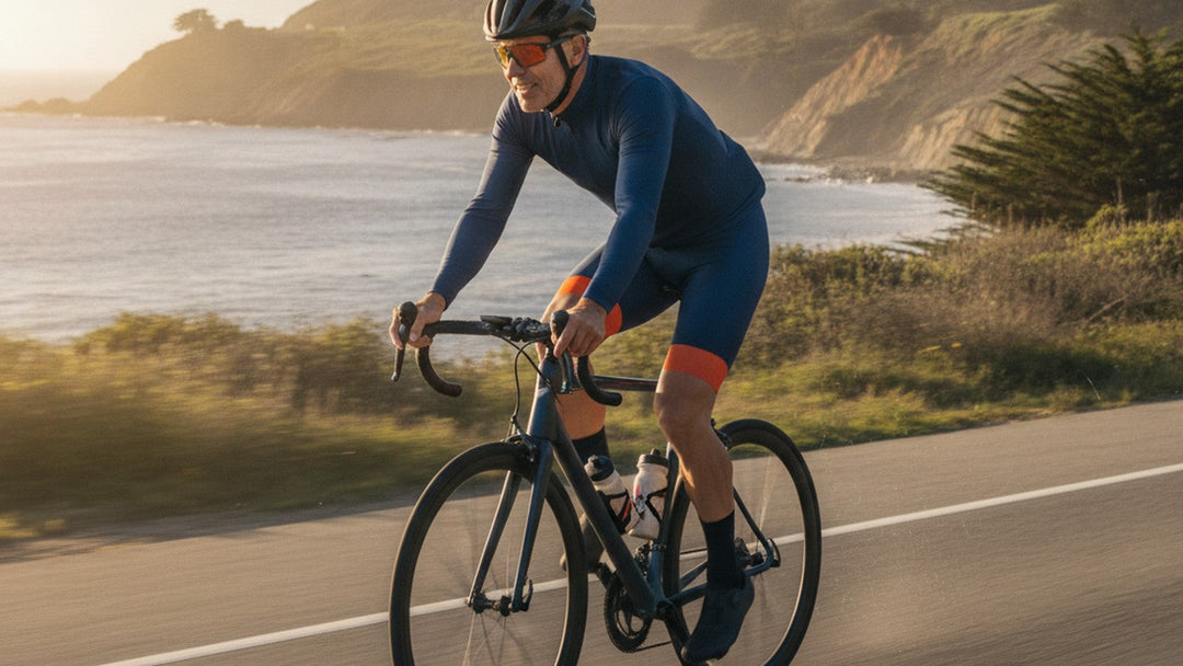 A fit older adult road cycling along a sunlit coastal highway at golden hour