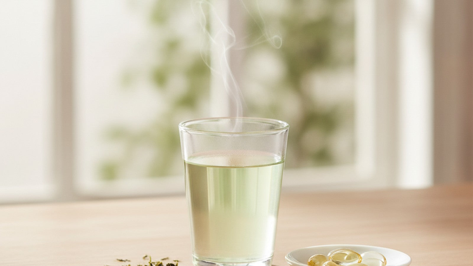 A steaming glass of pale green tea with loose tea leaves and clear capsules on a light oak table in soft morning light