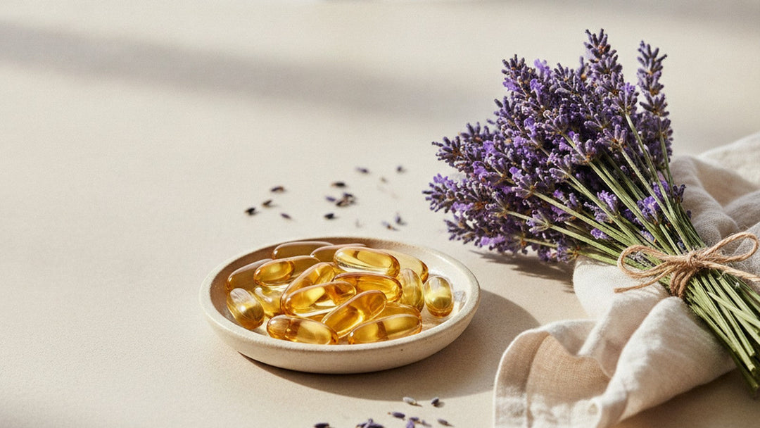 Amber lavender-oil softgel capsules in a cream dish beside a tied bundle of fresh purple lavender