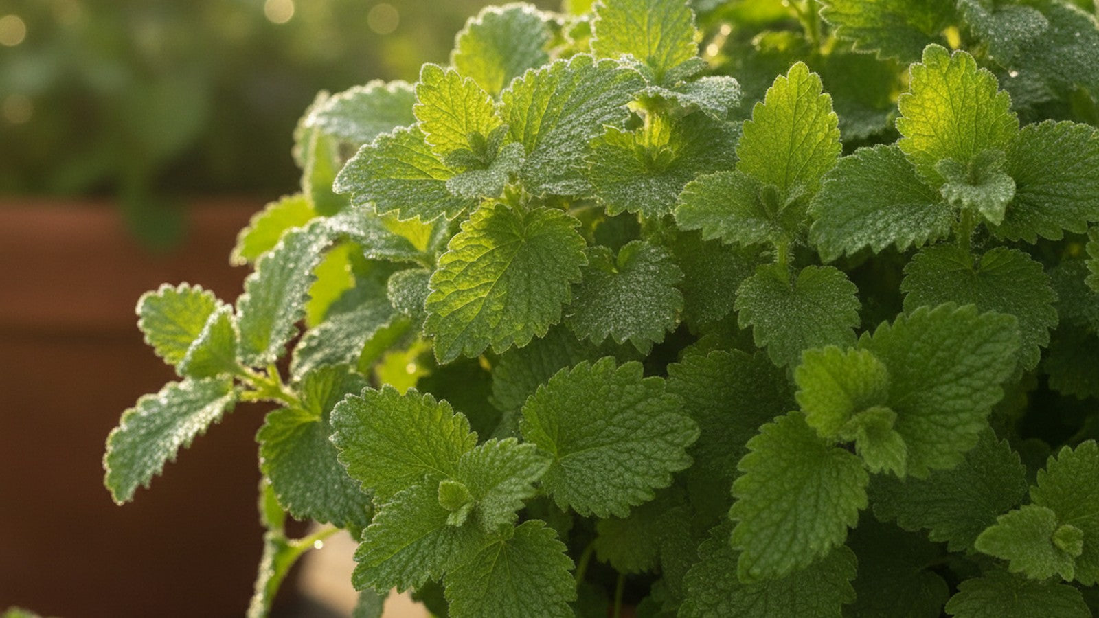 Fresh dewy lemon balm growing in a sunlit herb garden at golden morning light