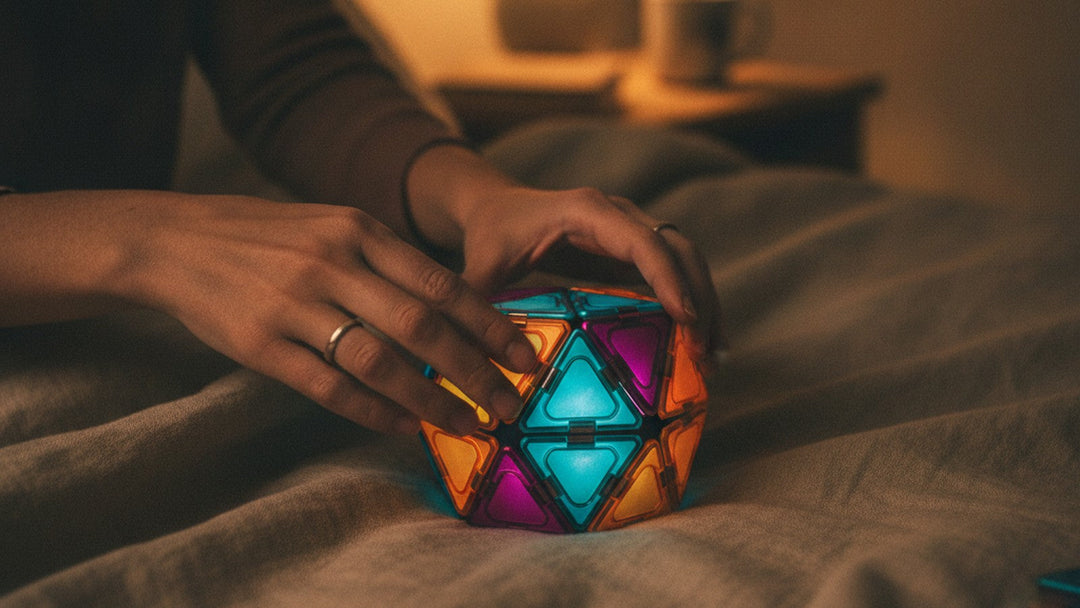 Hands turning a colorful geometric magnetic puzzle box on a bed in warm bedside lamplight at night