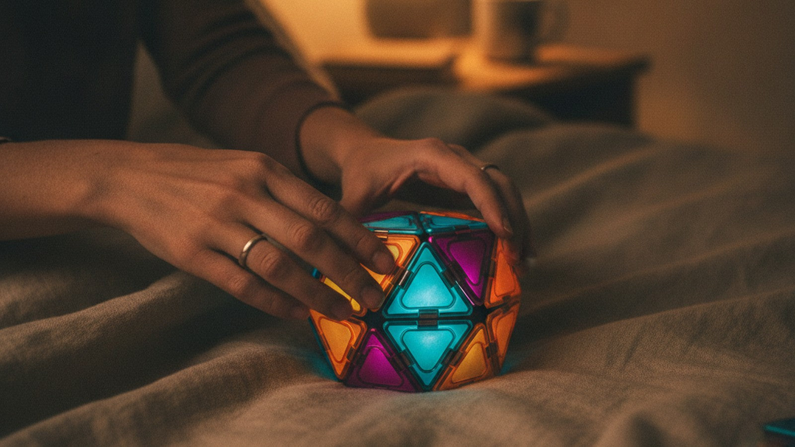 Hands turning a colorful geometric magnetic puzzle box on a bed in warm bedside lamplight at night