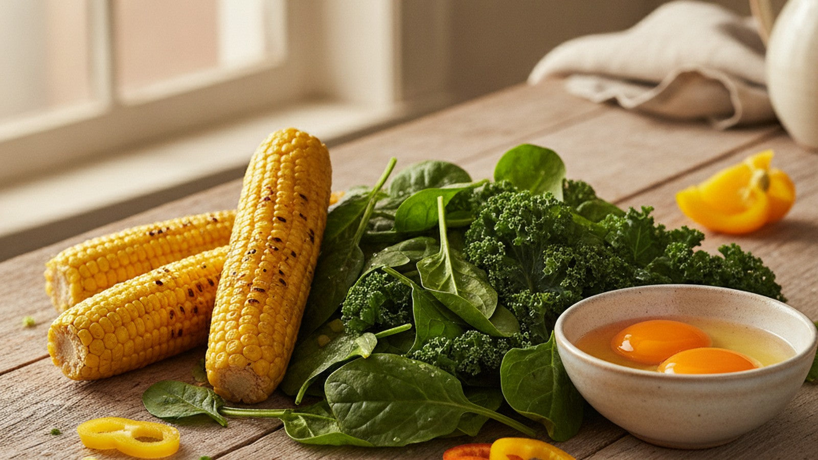 Fresh spinach, kale, sweetcorn and deep-orange egg yolks on a sunlit wood table