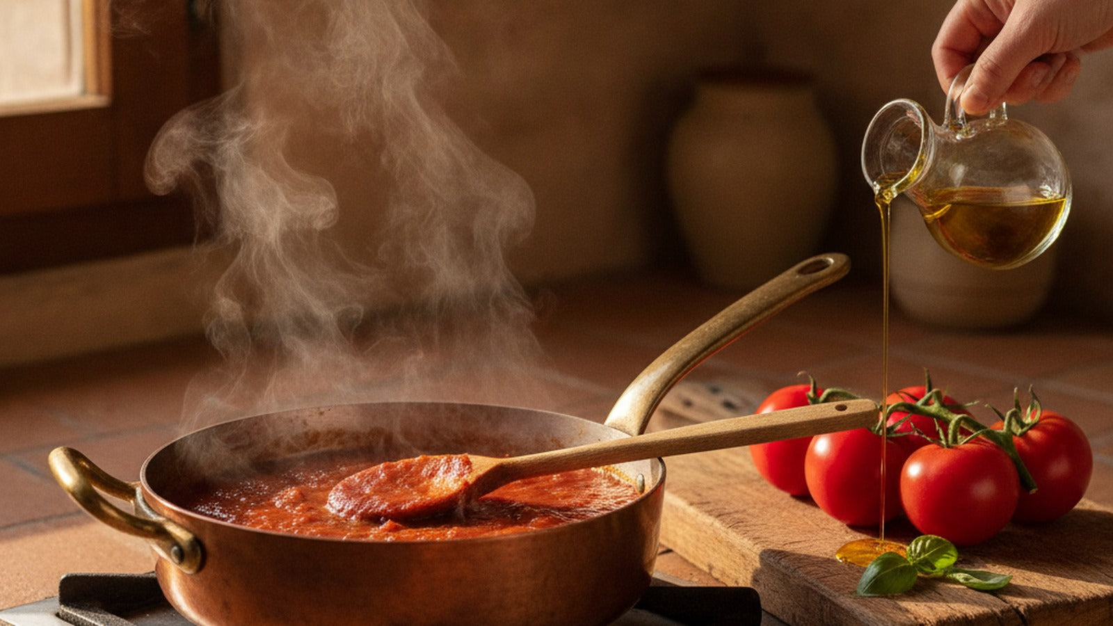 A copper pan of tomato sauce simmering on a terracotta stovetop beside vine tomatoes and olive oil being poured in warm kitchen light