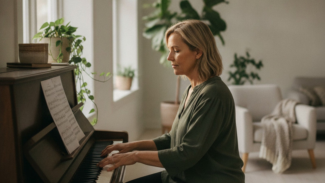 A woman in her fifties reading sheet music at a sunlit upright piano