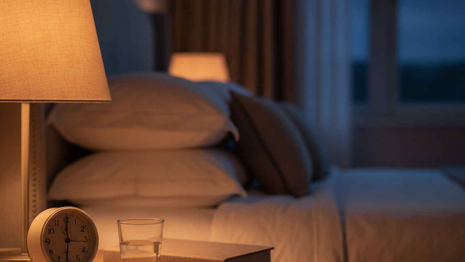 A bedside nightstand at night with an analog clock, a glass of water and a warm amber lamp glowing beside a made bed