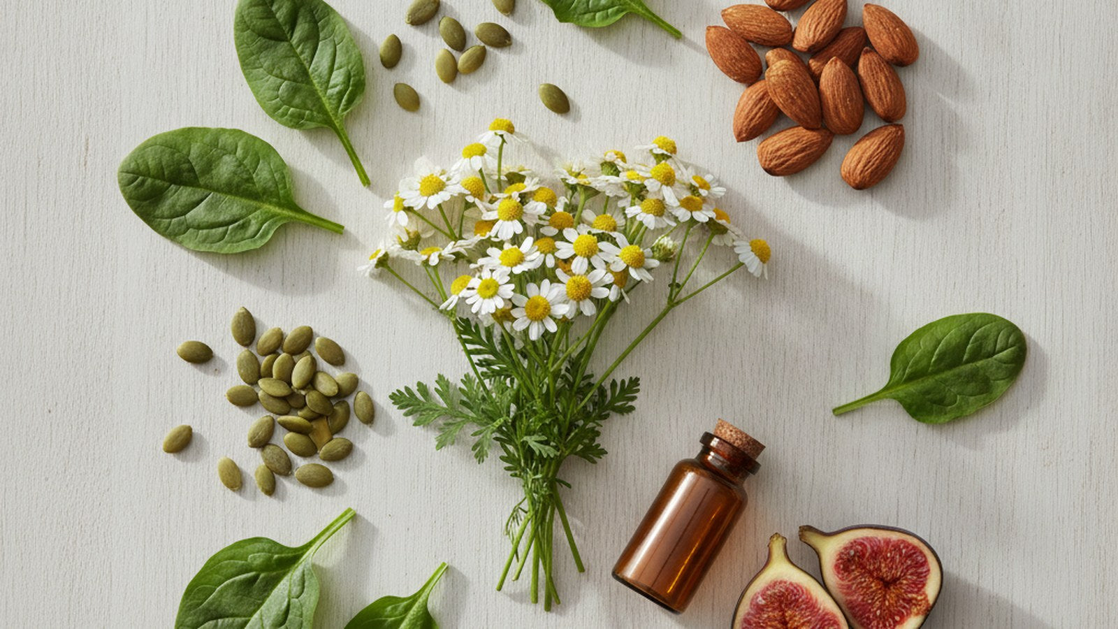 Feverfew flowers, spinach leaves, pumpkin seeds, almonds and an amber glass supplement bottle on pale wood