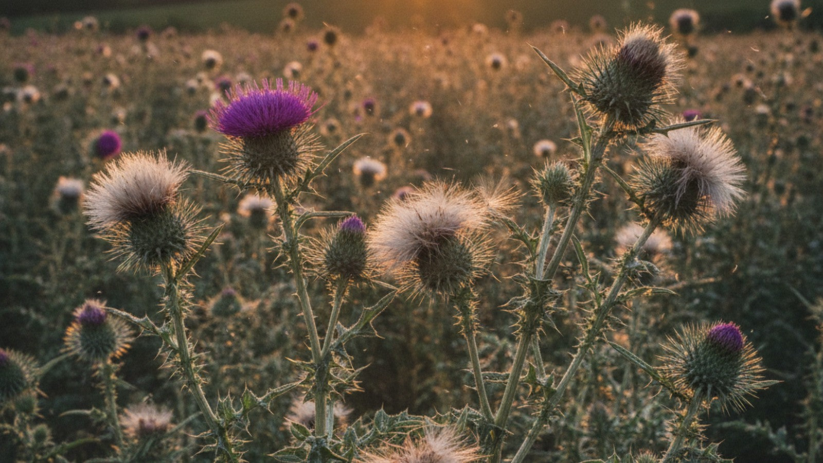 A golden-hour field of milk thistle in bloom with purple flower heads and silvery seed pods
