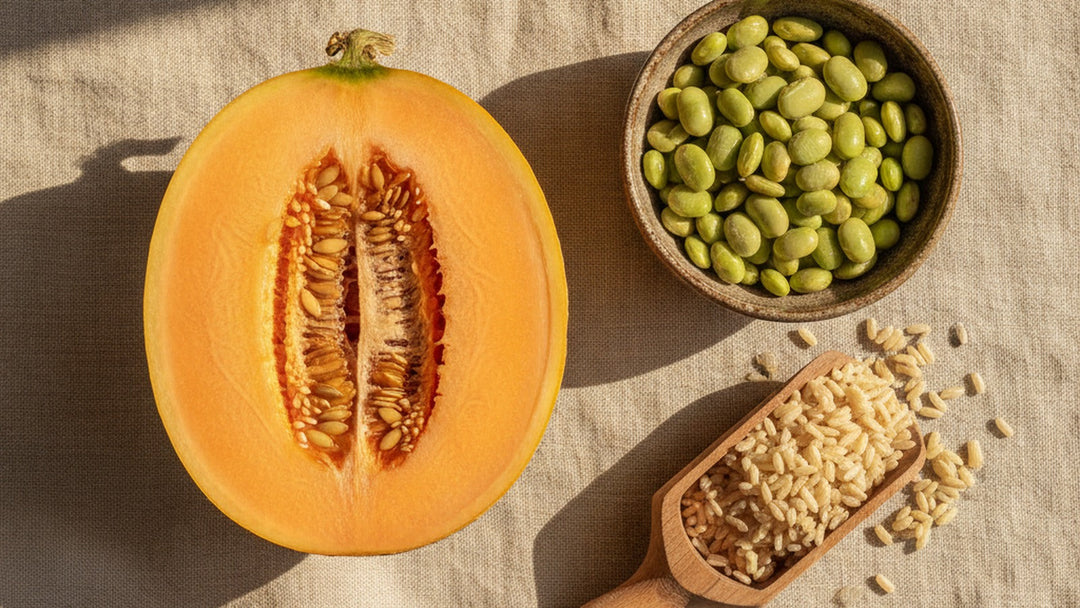 Halved cantaloupe melon with a bowl of lima beans and a scoop of brown rice on natural linen in morning light