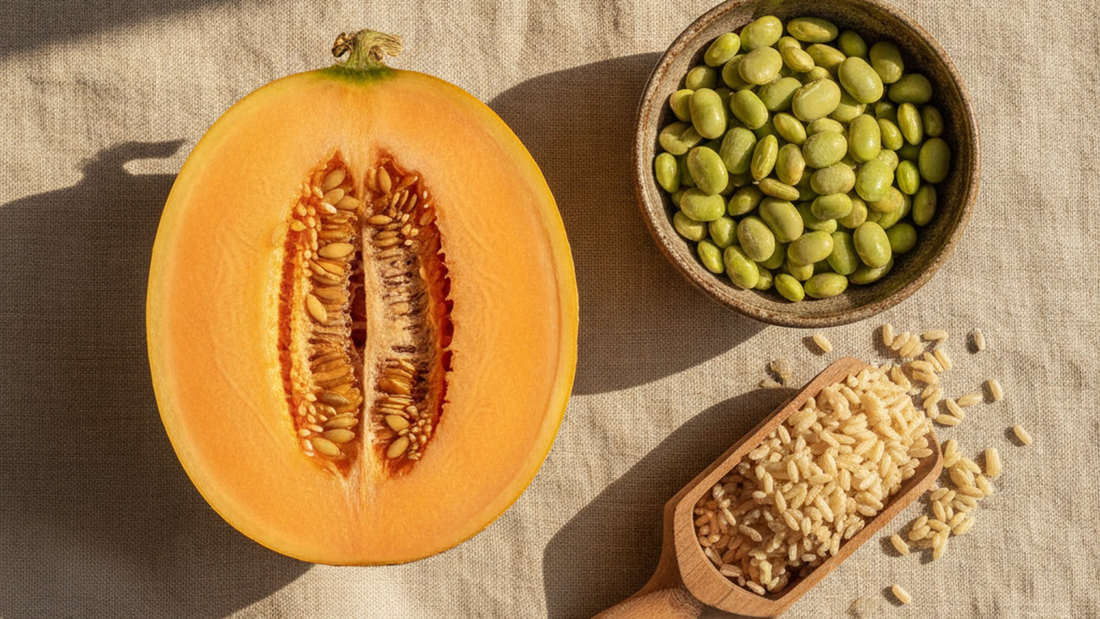Halved cantaloupe melon with a bowl of lima beans and a scoop of brown rice on natural linen in morning light