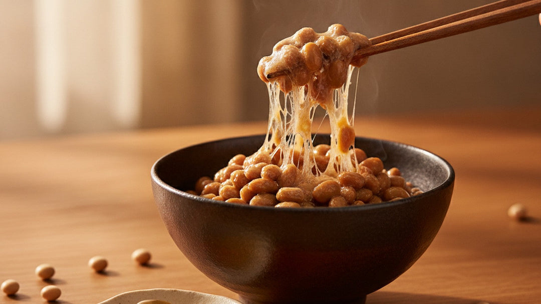 A bowl of natto fermented soybeans with sticky strands lifted by wooden chopsticks beside amber capsules