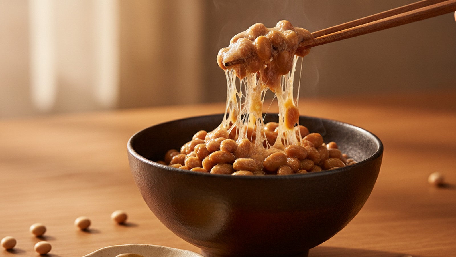 A bowl of natto fermented soybeans with sticky strands lifted by wooden chopsticks beside amber capsules