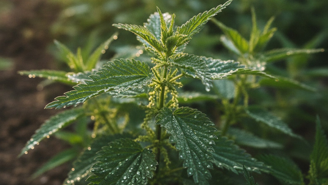 A cluster of fresh stinging nettle with dew on its serrated leaves in golden morning light