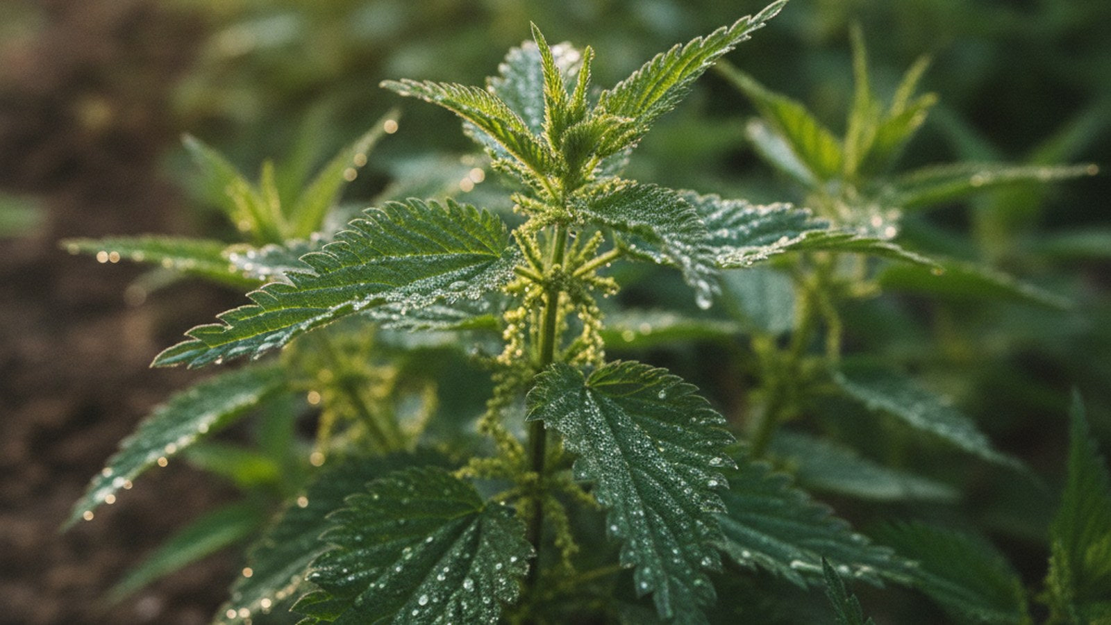 A cluster of fresh stinging nettle with dew on its serrated leaves in golden morning light