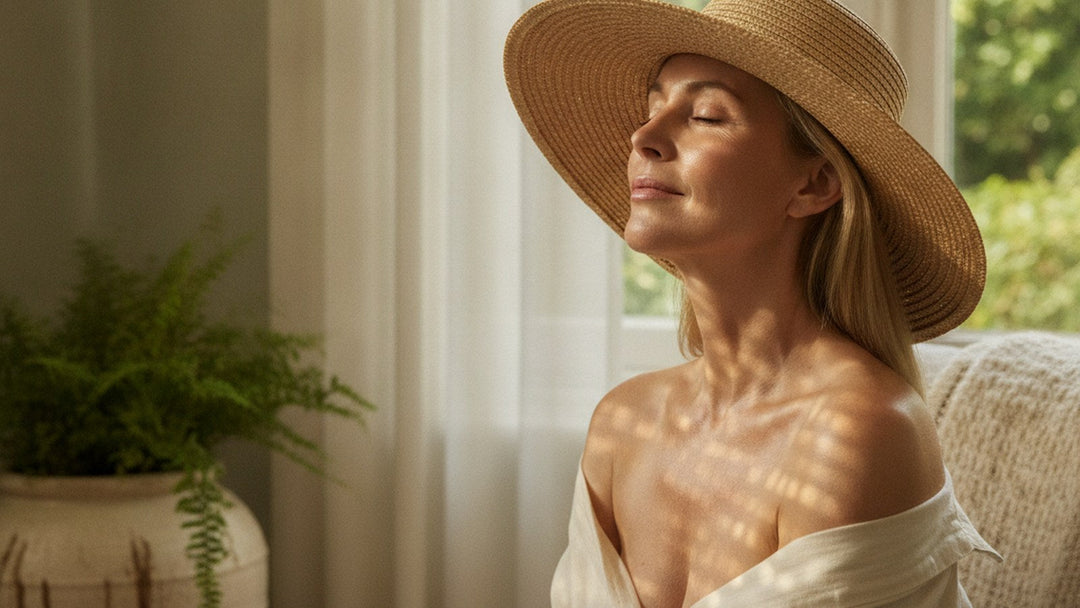 A woman in a wide-brim straw sun hat sits by a bright window in soft morning light, healthy radiant skin