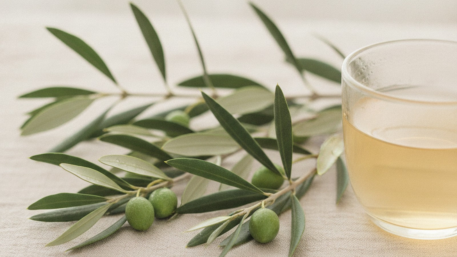 Fresh silver-green olive branches with green olives and a glass cup of pale olive-leaf tea on cream linen in soft daylight
