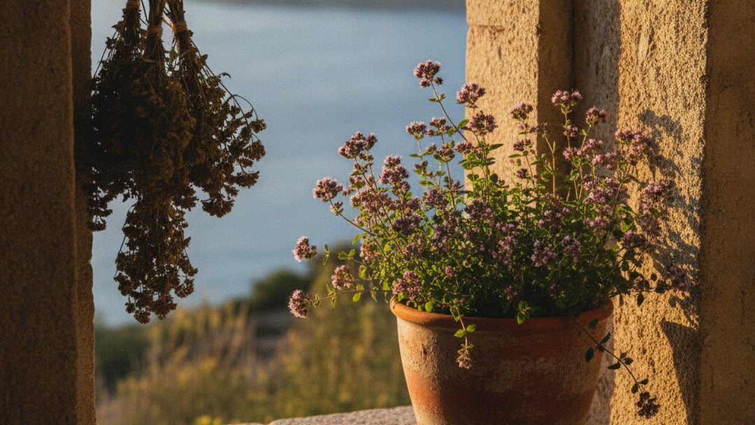 A terracotta pot of flowering oregano and dried herb bundles on a sunlit Mediterranean windowsill overlooking the sea