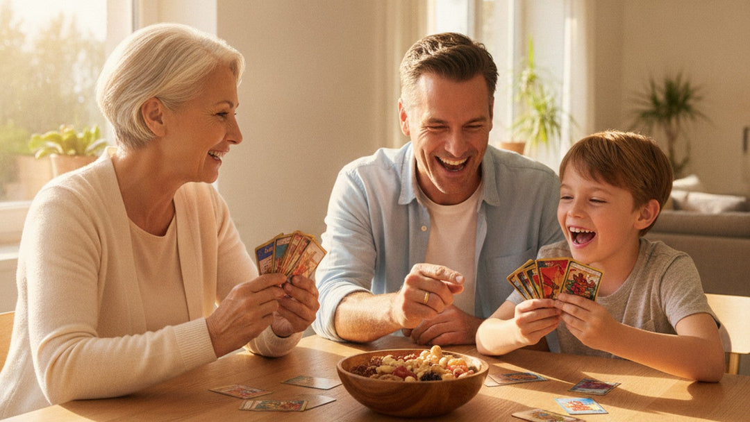Three generations laughing over colorful trading cards at a sunlit dining table