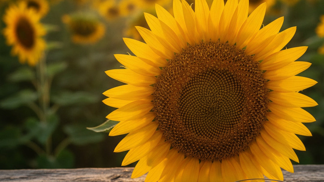 A single sunflower in golden hour light with sunflower seeds and oil at its base, sunflower field softly blurred behind