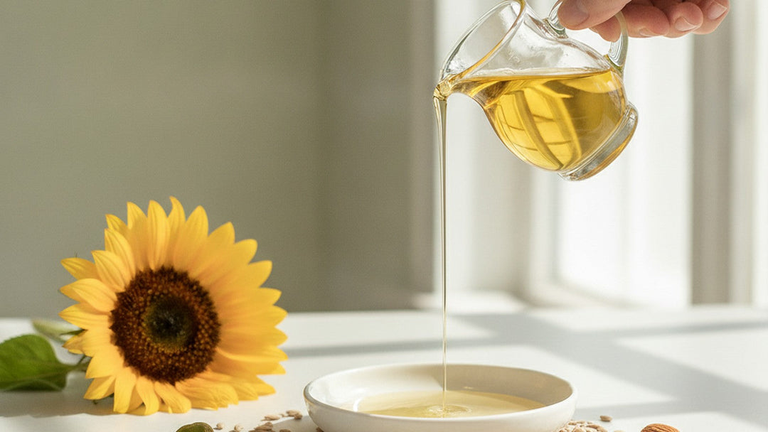 Golden sunflower oil pouring from a glass cruet beside a sunflower, seeds and nuts in bright natural light