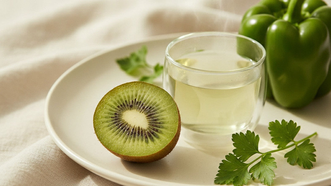 A halved green kiwi, a clear glass of green tea, fresh parsley and a green bell pepper on a pale ceramic plate