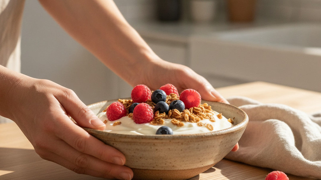Hands holding a rustic bowl of creamy yogurt with fresh raspberries, blueberries and granola in warm morning light