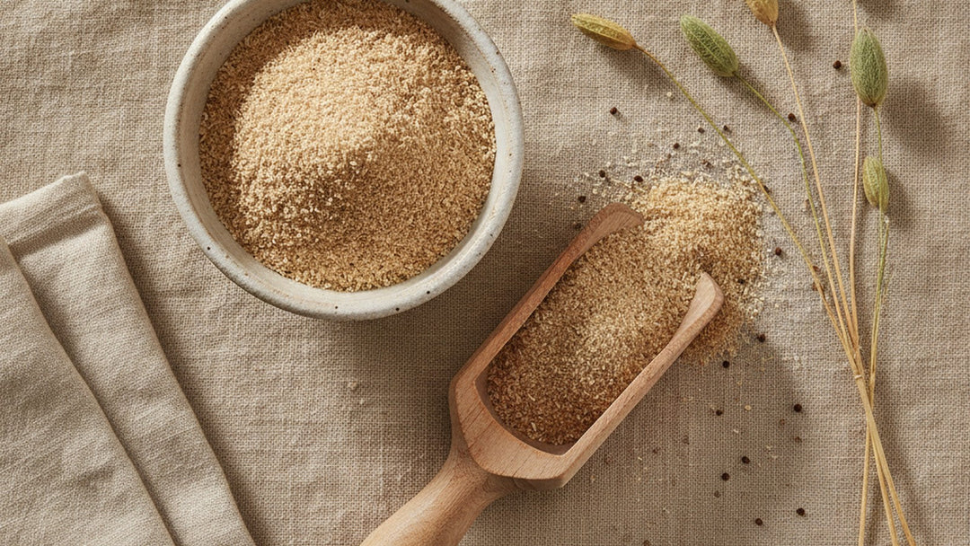 Psyllium seed husks in a ceramic bowl and wooden scoop on natural linen with dried Plantago stalks